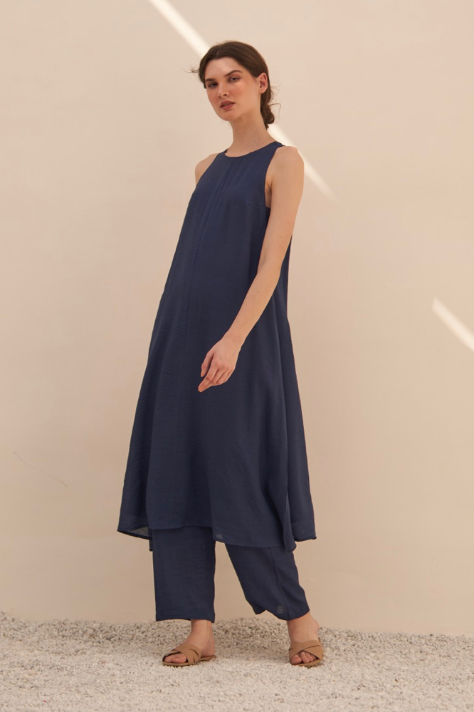 MALIBU SOLID NAVY BLUE TEXTURED RAYON CREPE SLEEVELESS LONG LENGTH TUNIC AND PANTS CO-ORDINATE