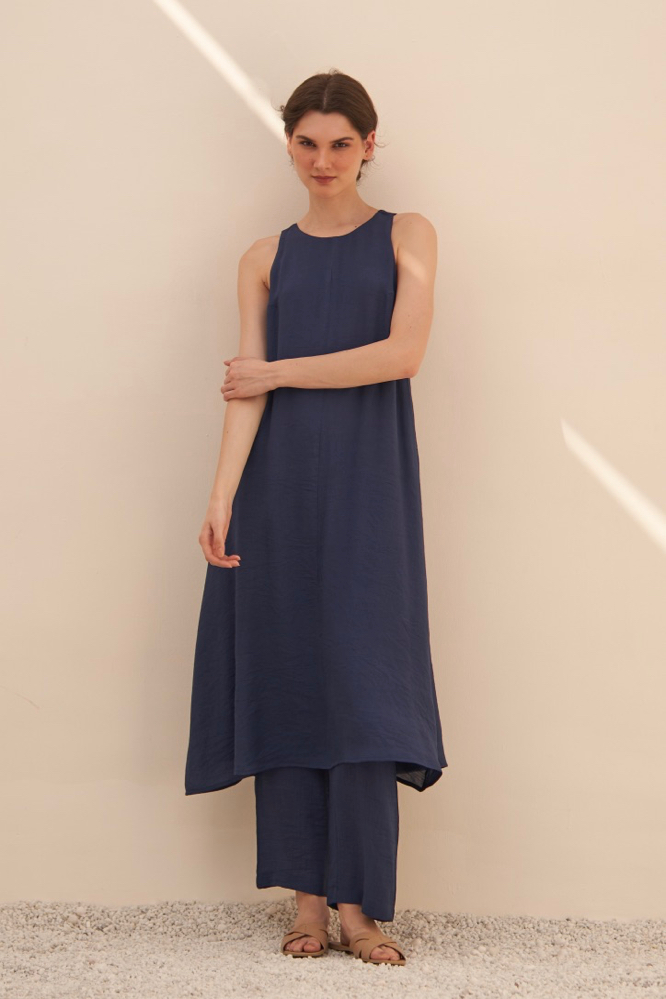 MALIBU SOLID NAVY BLUE TEXTURED RAYON CREPE SLEEVELESS LONG LENGTH TUNIC AND PANTS CO-ORDINATE