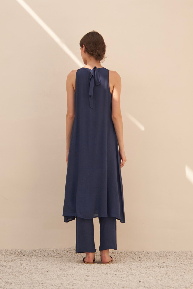 MALIBU SOLID NAVY BLUE TEXTURED RAYON CREPE SLEEVELESS LONG LENGTH TUNIC AND PANTS CO-ORDINATE
