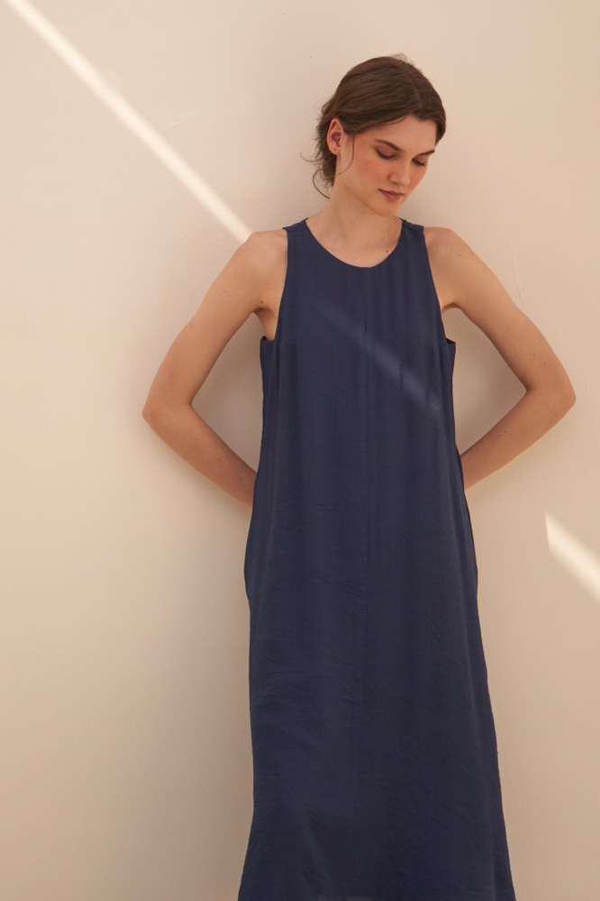 MALIBU SOLID NAVY BLUE TEXTURED RAYON CREPE SLEEVELESS LONG LENGTH TUNIC AND PANTS CO-ORDINATE