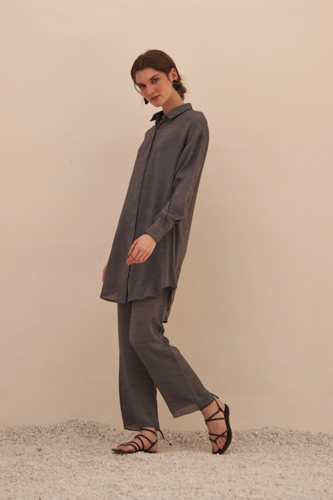 MALIBU TEXTURED RAYON CREPE GREY COLOR FULL SLEEVES SHIRT TUNIC WITH ELASTICATED WAIST PANTS CO-ORDINATE