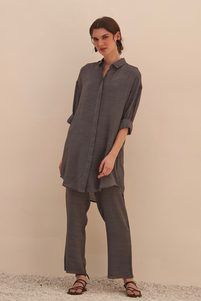 MALIBU TEXTURED RAYON CREPE GREY COLOR FULL SLEEVES SHIRT TUNIC WITH ELASTICATED WAIST PANTS CO-ORDINATE