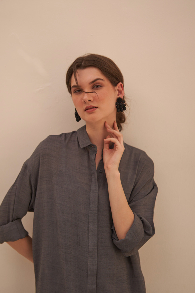 MALIBU TEXTURED RAYON CREPE GREY COLOR FULL SLEEVES SHIRT TUNIC WITH ELASTICATED WAIST PANTS CO-ORDINATE