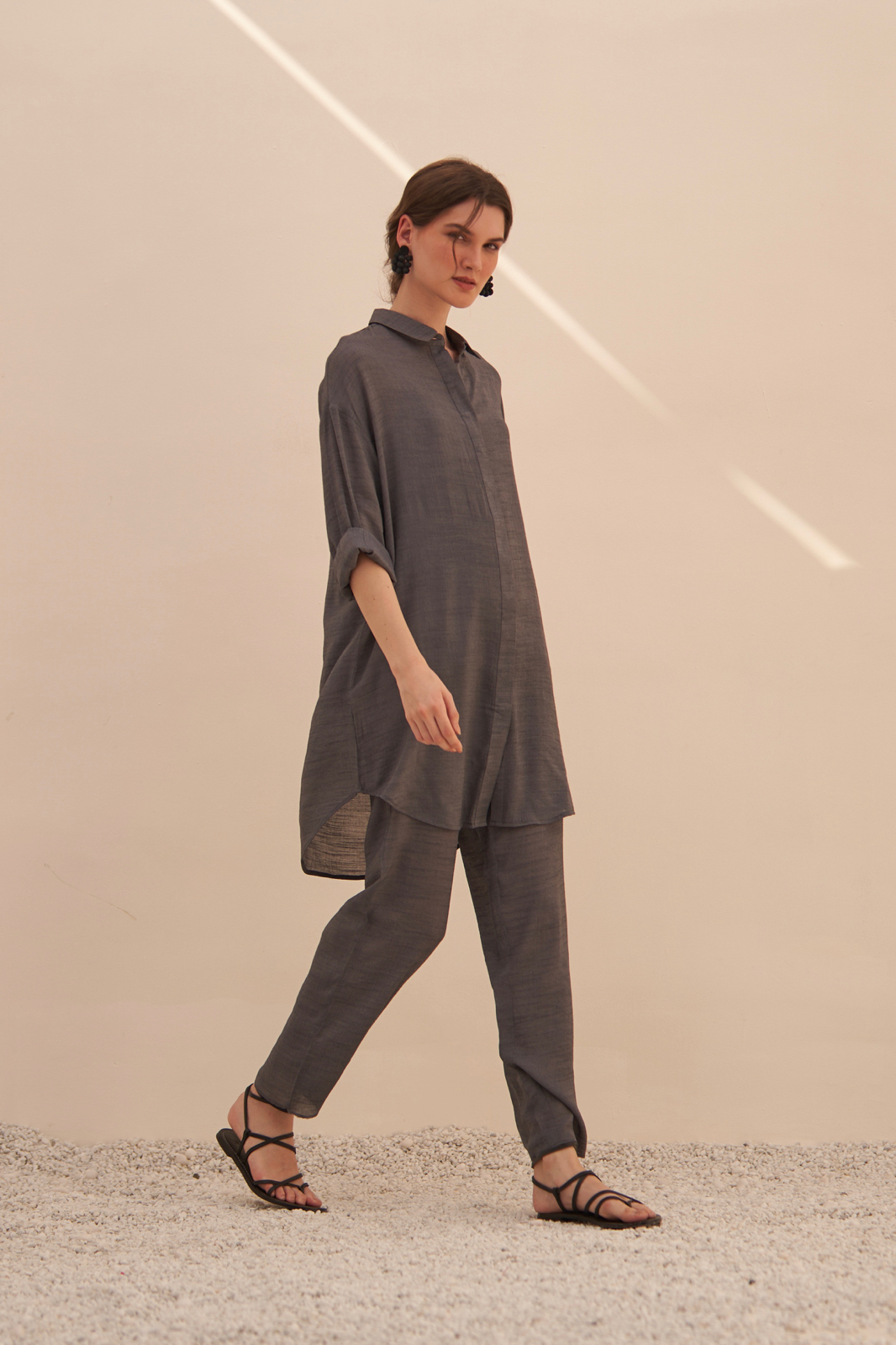 MALIBU TEXTURED RAYON CREPE GREY COLOR FULL SLEEVES SHIRT TUNIC WITH ELASTICATED WAIST PANTS CO-ORDINATE