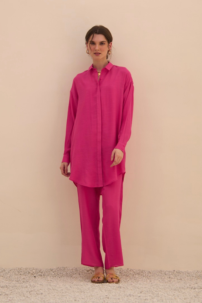 MALIBU FUCHSIA PINK TEXTURED RAYON CREPE SHIRT TUNIC AND PANTS CO-ORDINATE COMES WITH MATCHING CAMISOLE