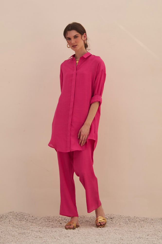 MALIBU FUCHSIA PINK TEXTURED RAYON CREPE SHIRT TUNIC AND PANTS CO-ORDINATE COMES WITH MATCHING CAMISOLE