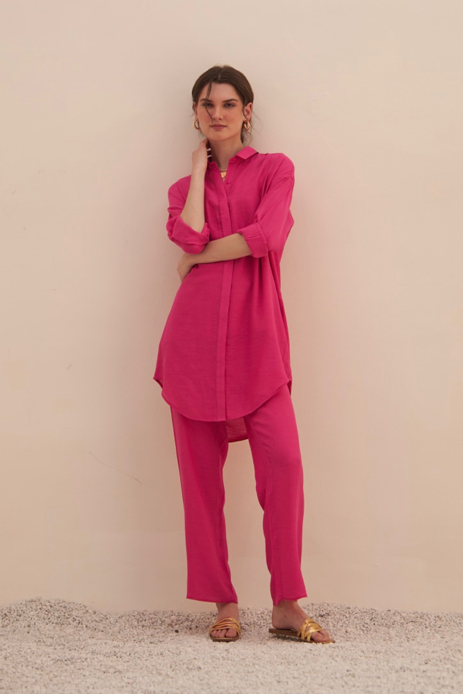 MALIBU FUCHSIA PINK TEXTURED RAYON CREPE SHIRT TUNIC AND PANTS CO-ORDINATE COMES WITH MATCHING CAMISOLE