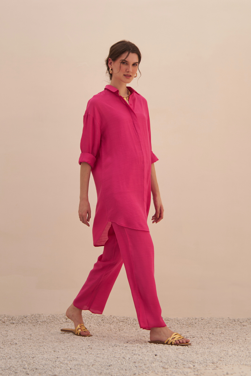 MALIBU FUCHSIA PINK TEXTURED RAYON CREPE SHIRT TUNIC AND PANTS CO-ORDINATE COMES WITH MATCHING CAMISOLE