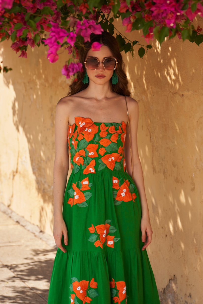 LA FLOR FOREST GREEN COLOR BOUGAINVILLEA THREE DIMENSIONAL CHUNKY HAND EMBROIDERED MIDI LENGTH CORSET DRESS