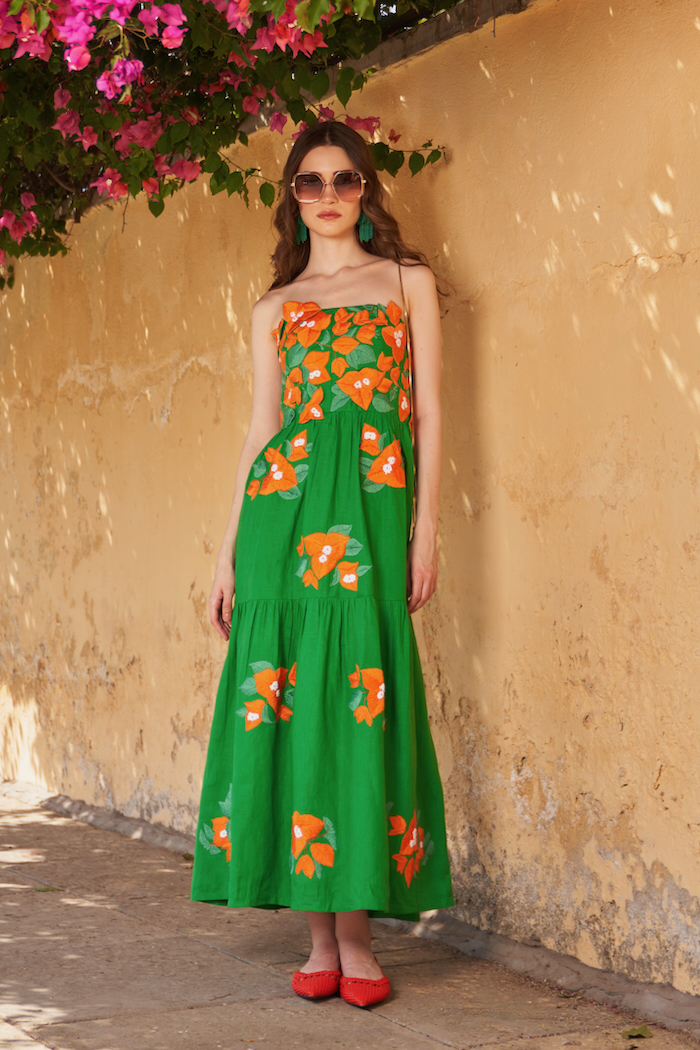 LA FLOR FOREST GREEN COLOR BOUGAINVILLEA THREE DIMENSIONAL CHUNKY HAND EMBROIDERED MIDI LENGTH CORSET DRESS