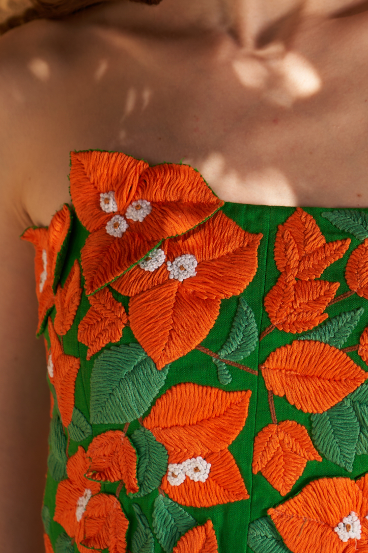 LA FLOR FOREST GREEN COLOR BOUGAINVILLEA THREE DIMENSIONAL CHUNKY HAND EMBROIDERED MIDI LENGTH CORSET DRESS
