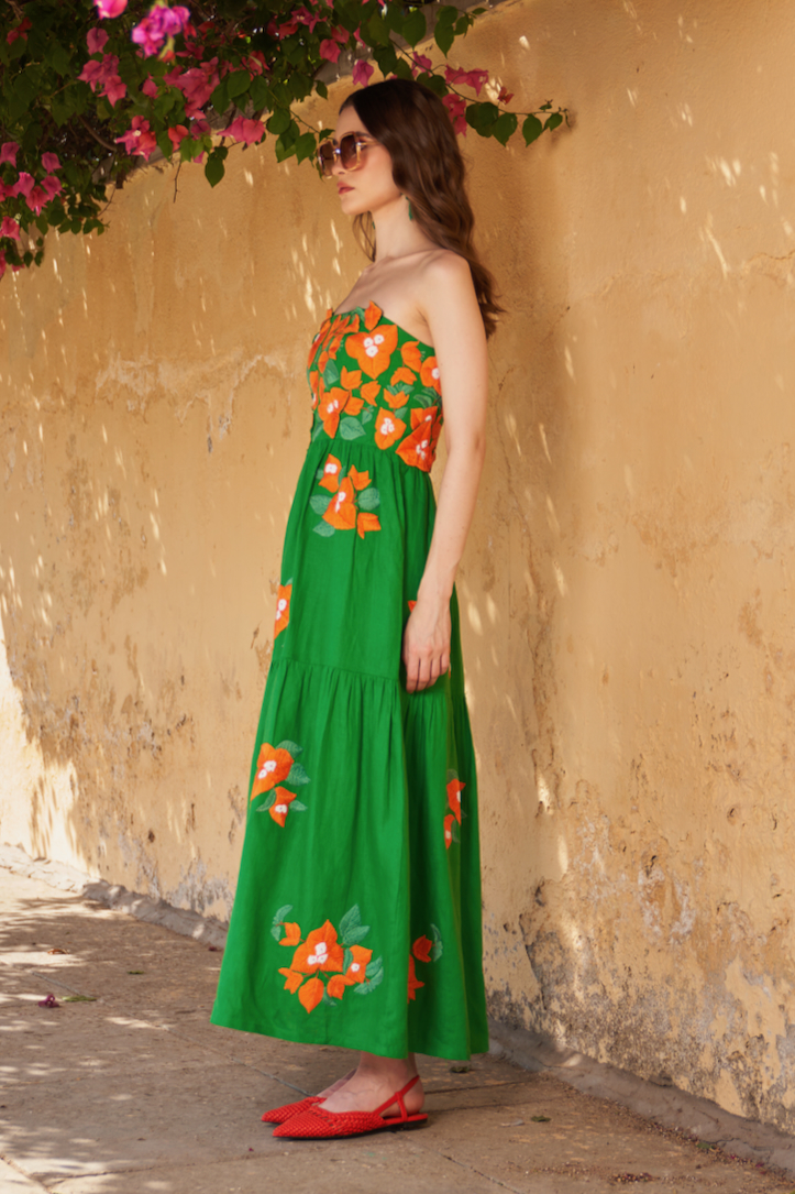 LA FLOR FOREST GREEN COLOR BOUGAINVILLEA THREE DIMENSIONAL CHUNKY HAND EMBROIDERED MIDI LENGTH CORSET DRESS