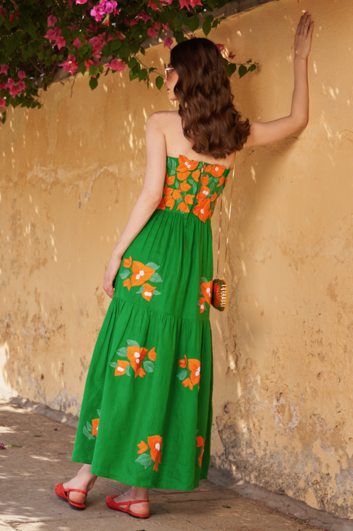 LA FLOR FOREST GREEN COLOR BOUGAINVILLEA THREE DIMENSIONAL CHUNKY HAND EMBROIDERED MIDI LENGTH CORSET DRESS