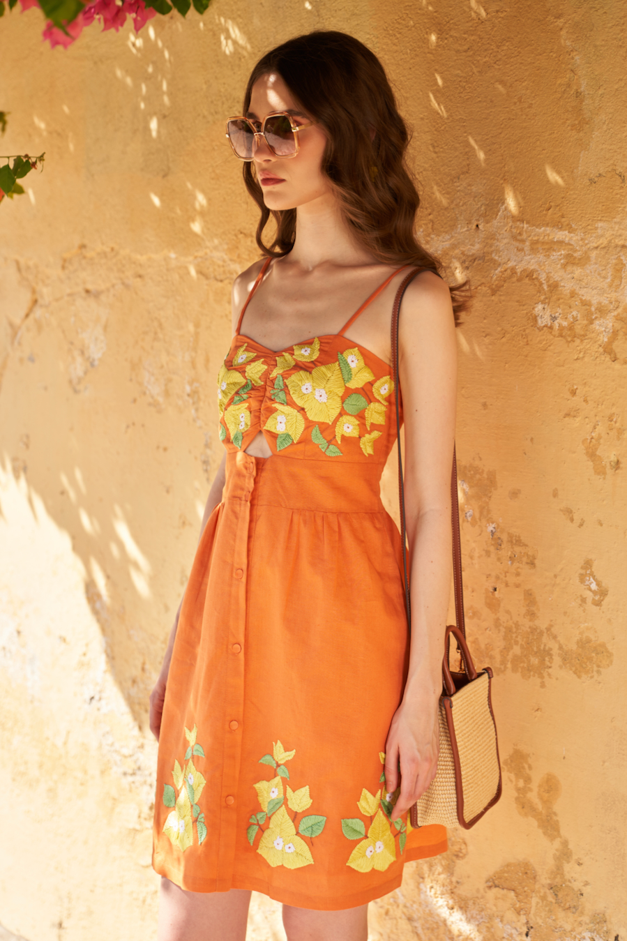 LA FLOR BOUGAINVILLEA CHUNKY HAND EMBROIDERED LINEN FABRIC TERRACOTTA ORANGE COLOR KNEE LENGTH DRESS