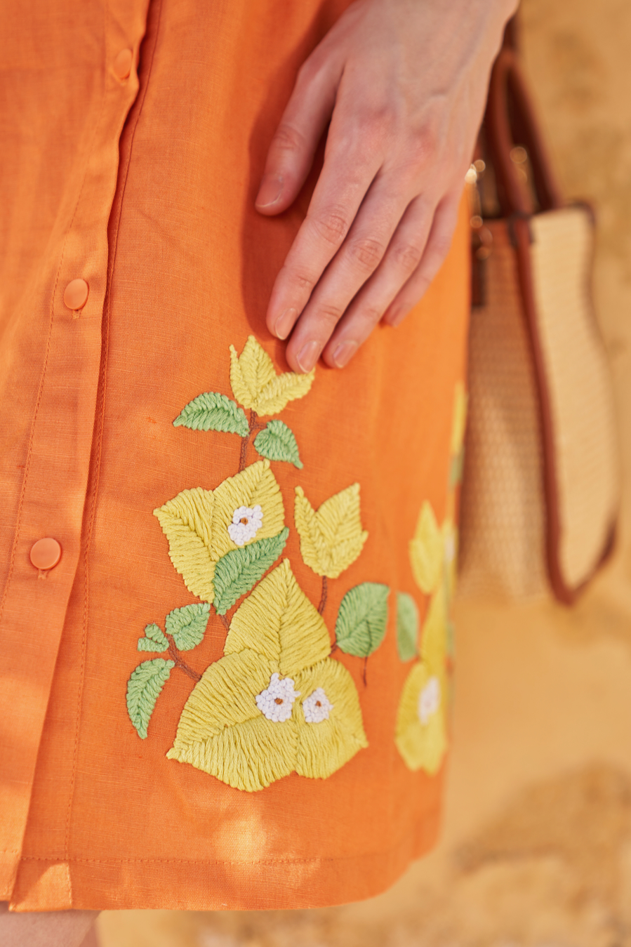 LA FLOR BOUGAINVILLEA CHUNKY HAND EMBROIDERED LINEN FABRIC TERRACOTTA ORANGE COLOR KNEE LENGTH DRESS