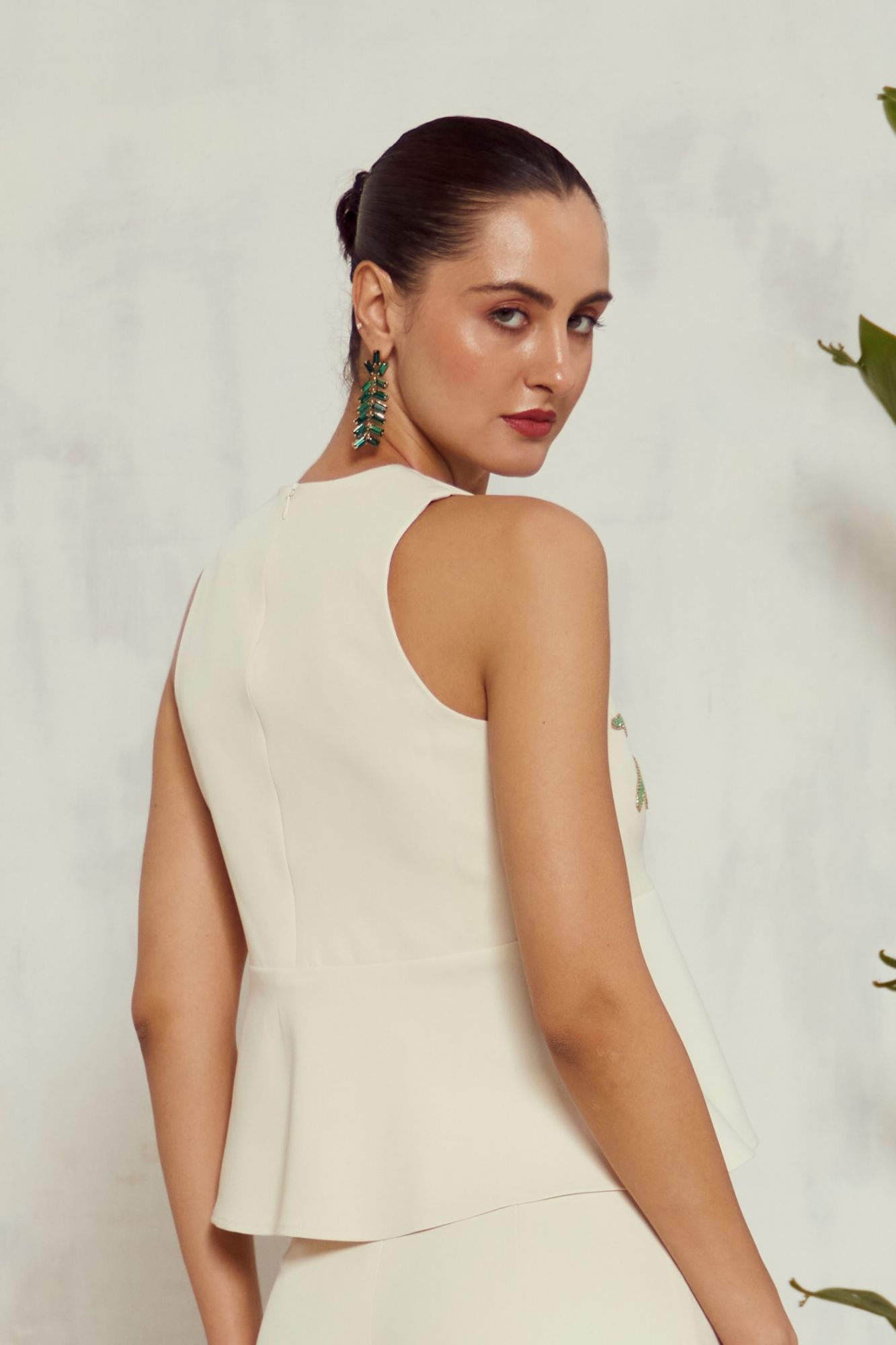 MALIBU-02 OFF WHITE COLOR SLEEVELESS PEPLUM TOP WITH HAND EMBROIDERY