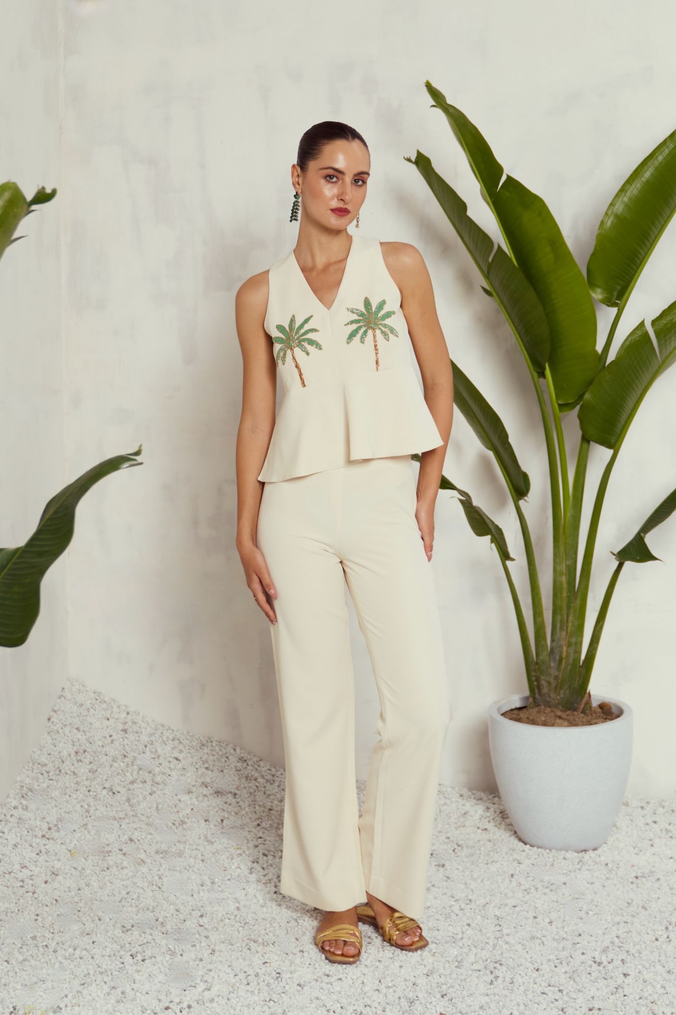 MALIBU-02 OFF WHITE COLOR PEPLUM TOP AND PANTS CO-ORDINATE WITH HAND EMBROIDERY