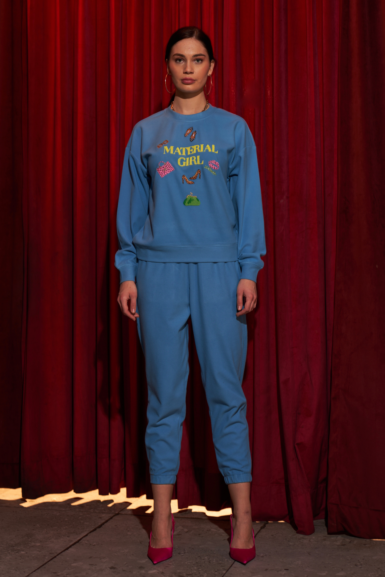 MATERIAL GIRL TEAL BLUE FEELCE SWEATSHIRT WITH EXCLUSIVE HAND EMBROIDERY JOGGER PANTS WINTER CO-ORD