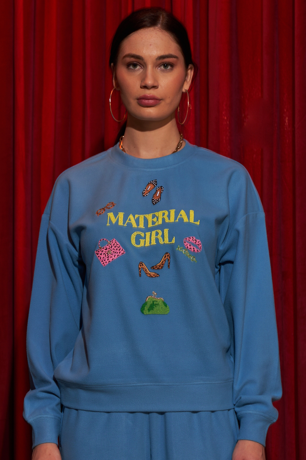 MATERIAL GIRL TEAL BLUE COLOR FLEECE WINTER SWEATSHIRT WITH EXCLUSIVE HAND EMBROIDERY