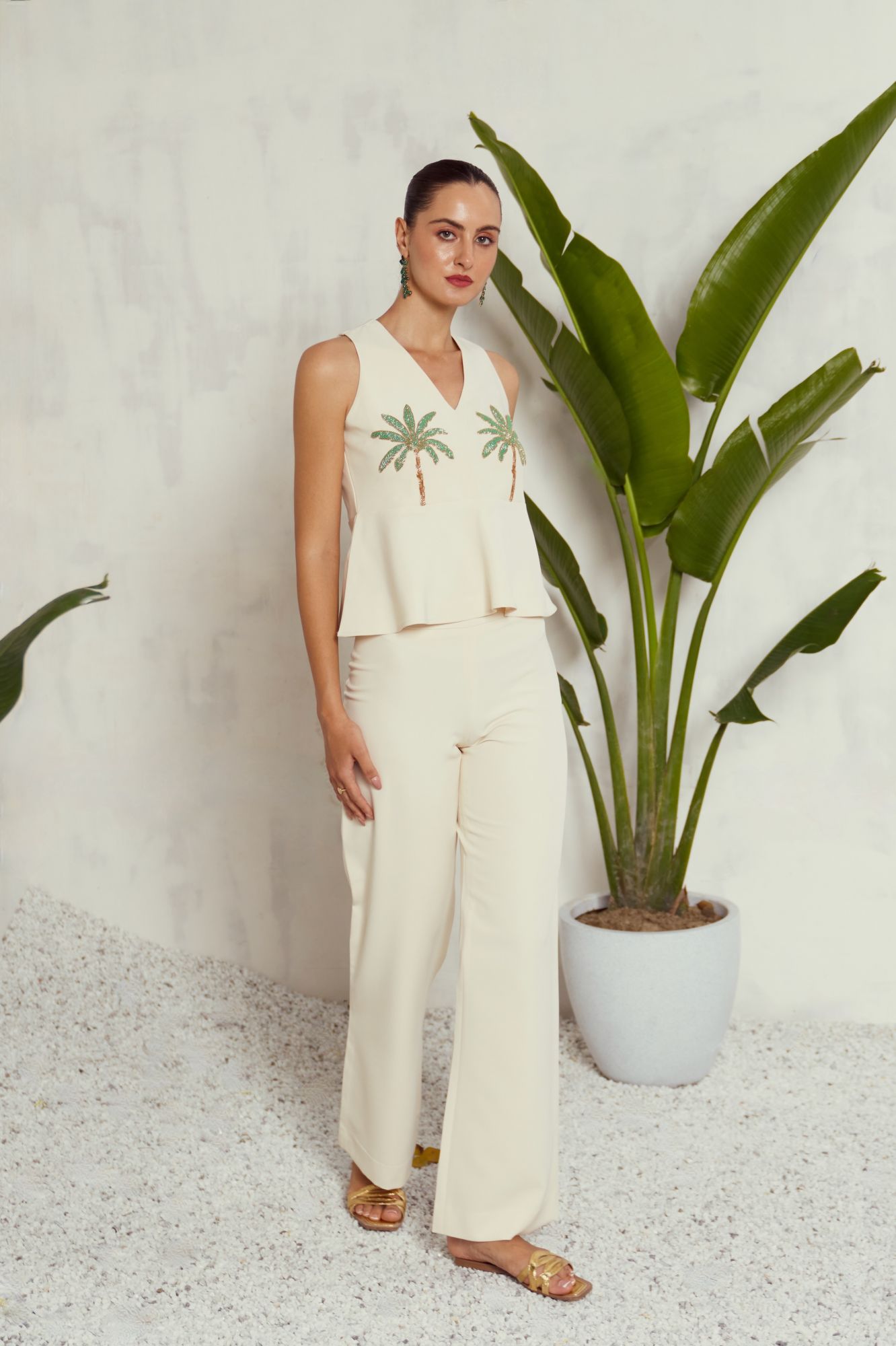 MALIBU-02 OFF WHITE COLOR PEPLUM TOP AND PANTS CO-ORDINATE WITH HAND EMBROIDERY
