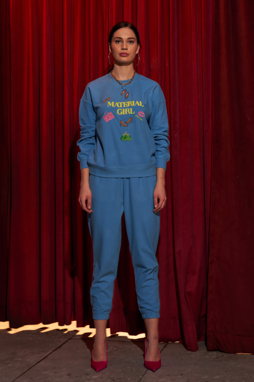 MATERIAL GIRL TEAL BLUE FEELCE SWEATSHIRT WITH EXCLUSIVE HAND EMBROIDERY JOGGER PANTS WINTER CO-ORD