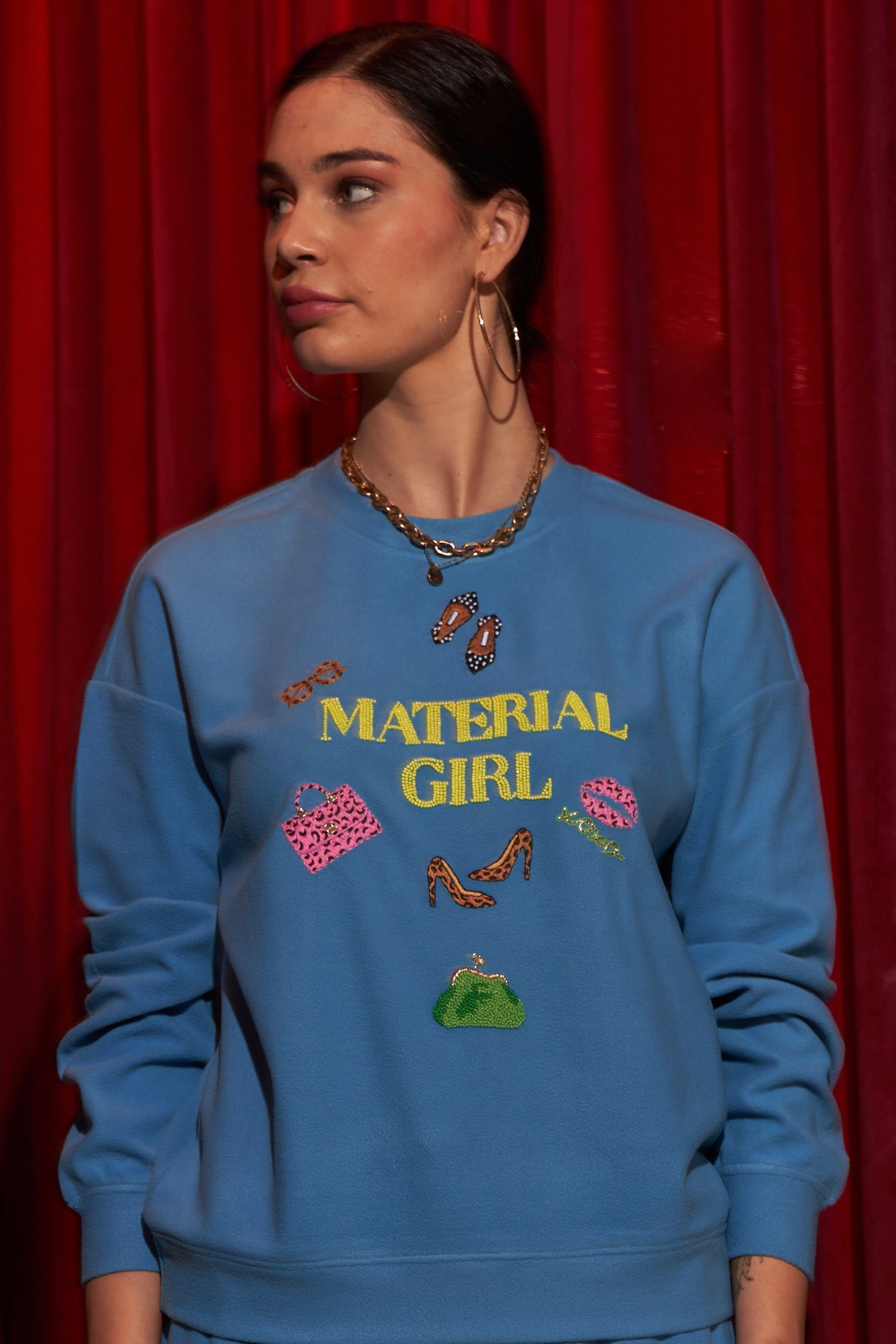 MATERIAL GIRL TEAL BLUE COLOR FLEECE WINTER SWEATSHIRT WITH EXCLUSIVE HAND EMBROIDERY