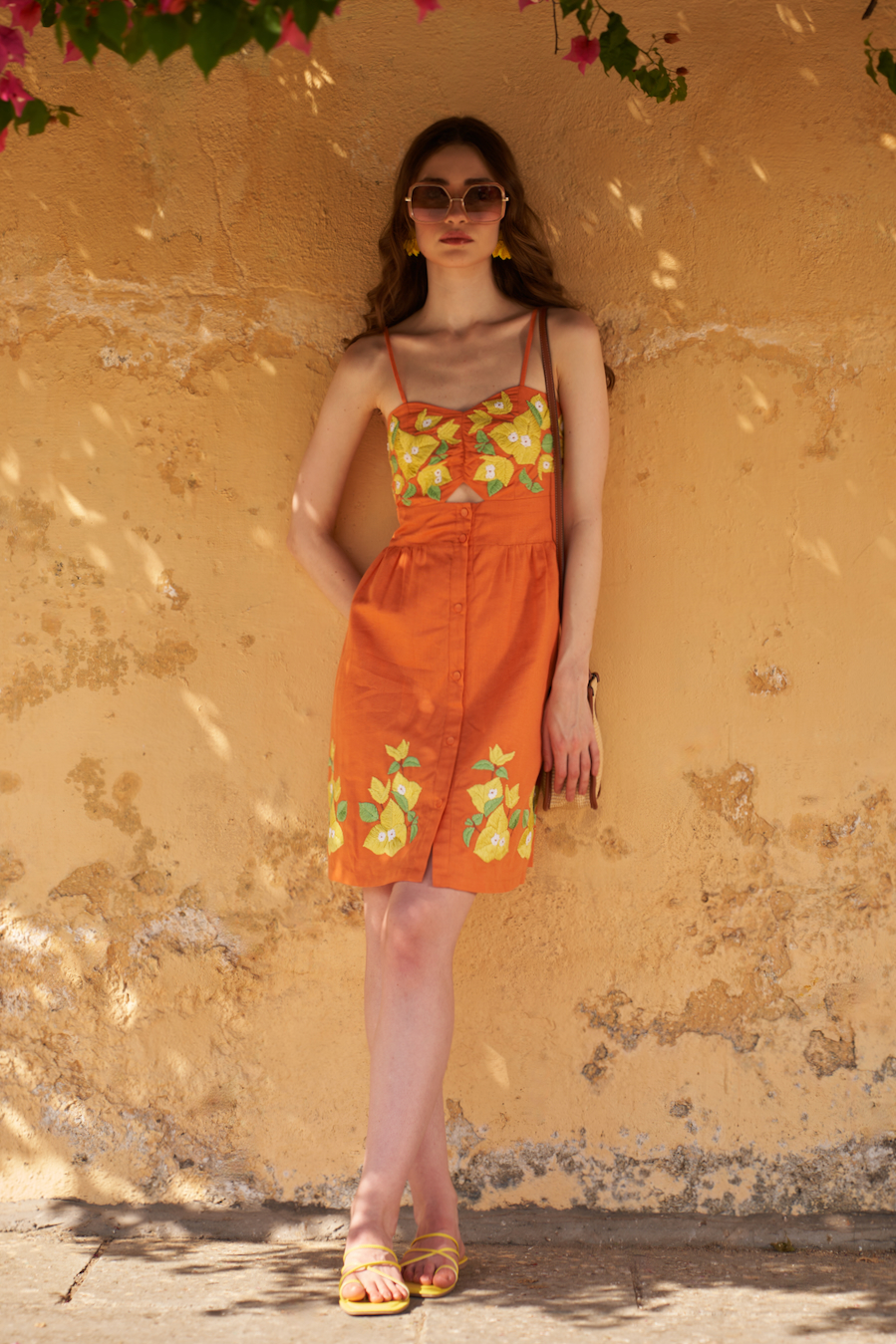 LA FLOR BOUGAINVILLEA CHUNKY HAND EMBROIDERED LINEN FABRIC TERRACOTTA ORANGE COLOR KNEE LENGTH DRESS