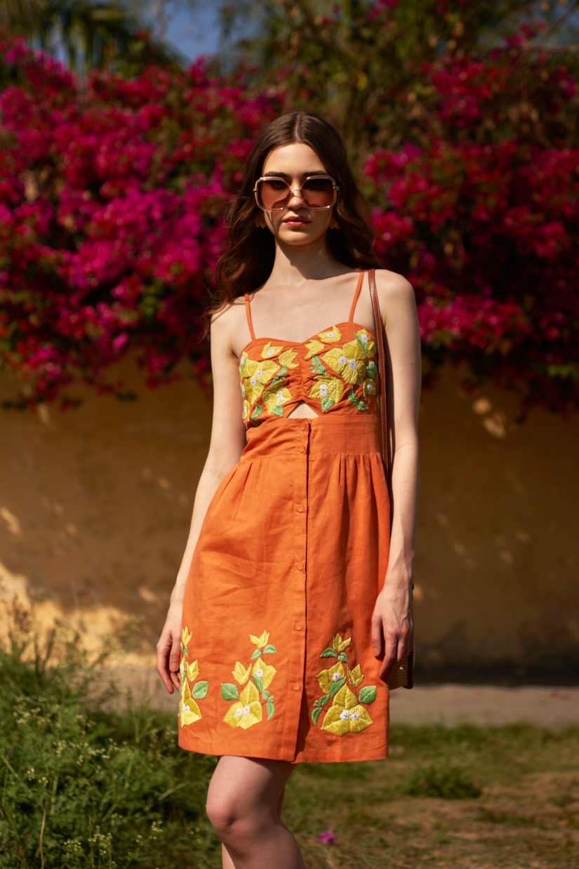 LA FLOR BOUGAINVILLEA CHUNKY HAND EMBROIDERED LINEN FABRIC TERRACOTTA ORANGE COLOR KNEE LENGTH DRESS