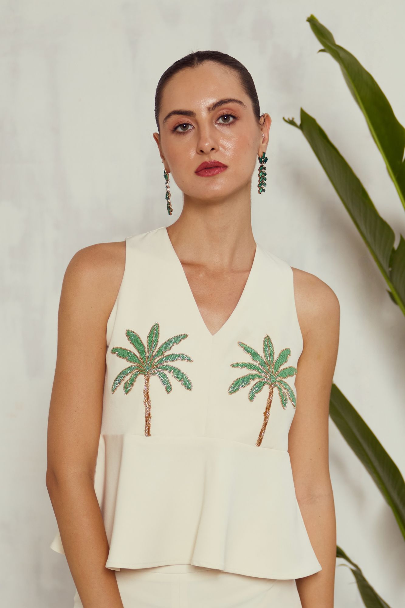 MALIBU-02 OFF WHITE COLOR SLEEVELESS PEPLUM TOP WITH HAND EMBROIDERY
