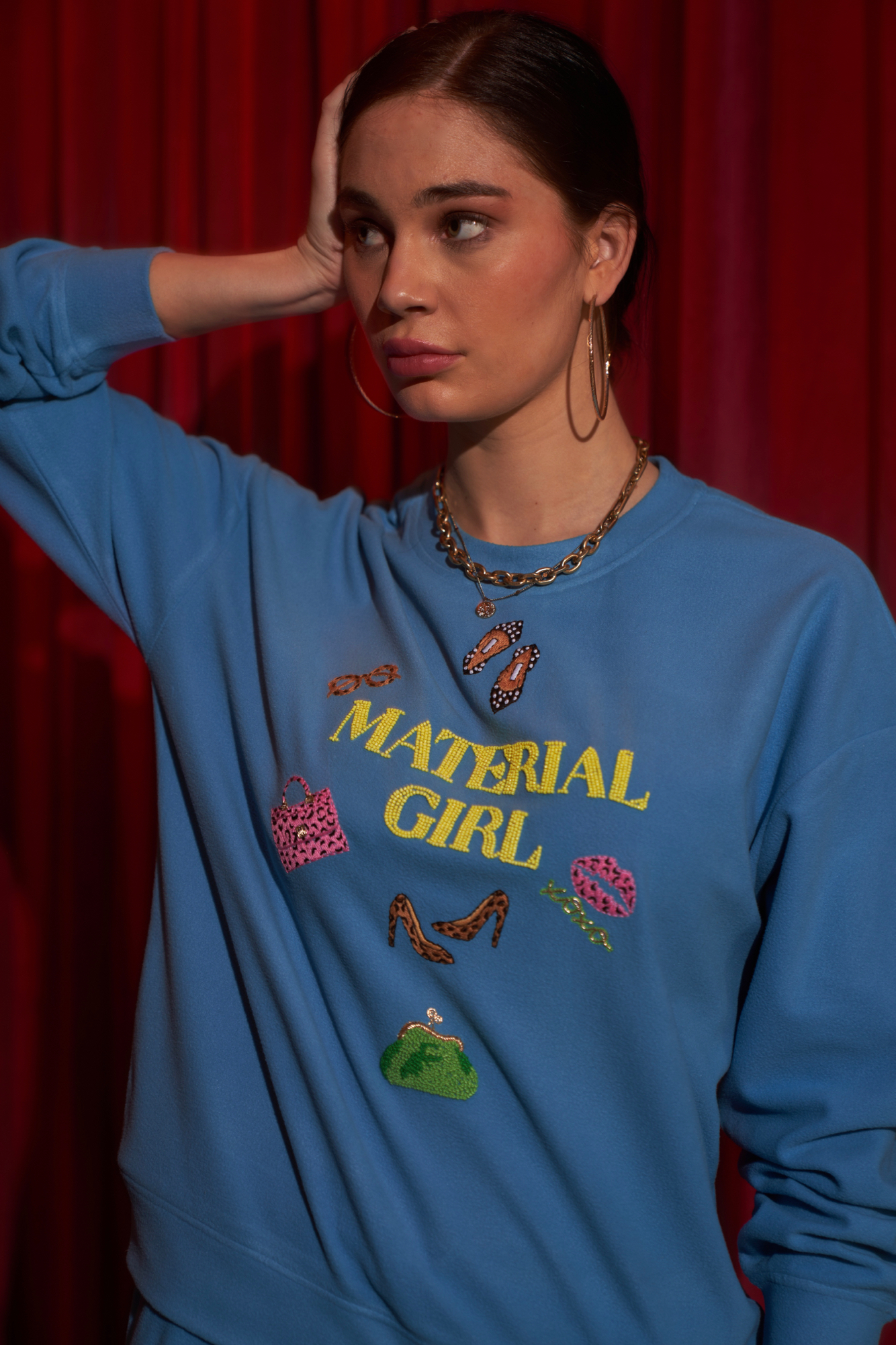 MATERIAL GIRL TEAL BLUE COLOR FLEECE WINTER SWEATSHIRT WITH EXCLUSIVE HAND EMBROIDERY