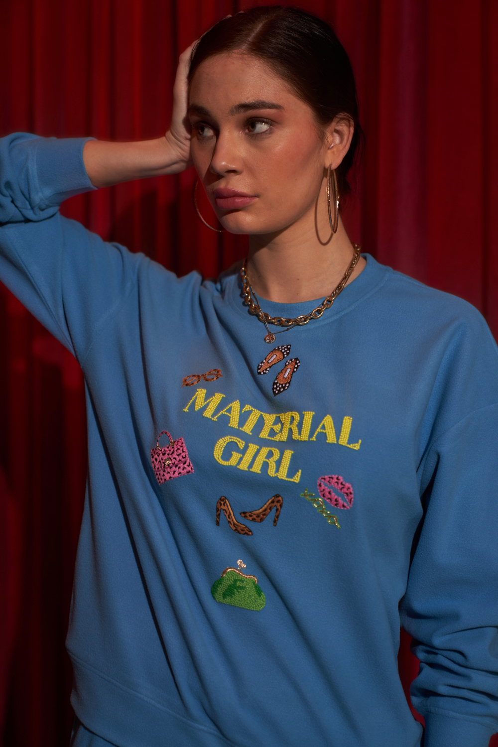 MATERIAL GIRL TEAL BLUE FEELCE SWEATSHIRT WITH EXCLUSIVE HAND EMBROIDERY JOGGER PANTS WINTER CO-ORD