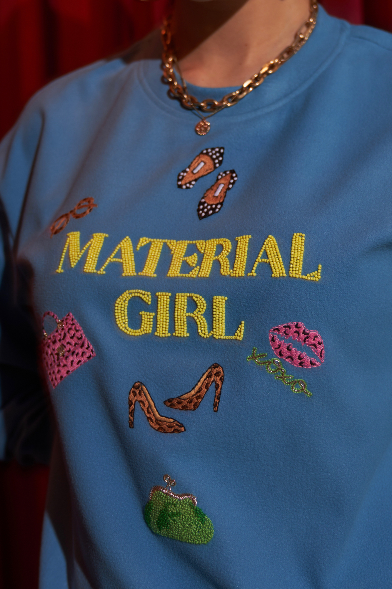 MATERIAL GIRL TEAL BLUE COLOR FLEECE WINTER SWEATSHIRT WITH EXCLUSIVE HAND EMBROIDERY