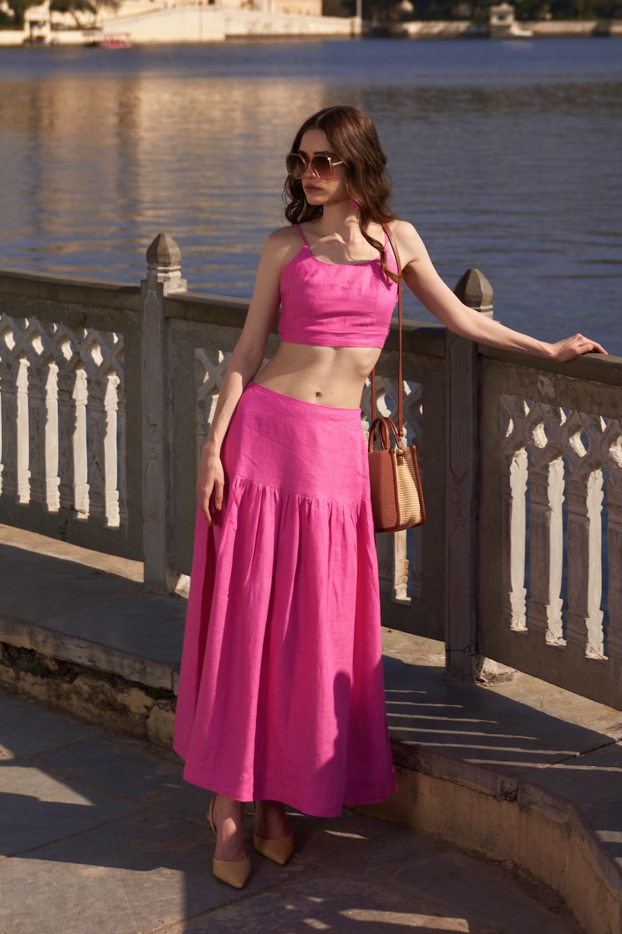 LA FLOR SOLID ROSE PINK COLOR LINEN FABRIC BUSTIER AND MIDI LENGTH SKIRT CO-ORDINATE