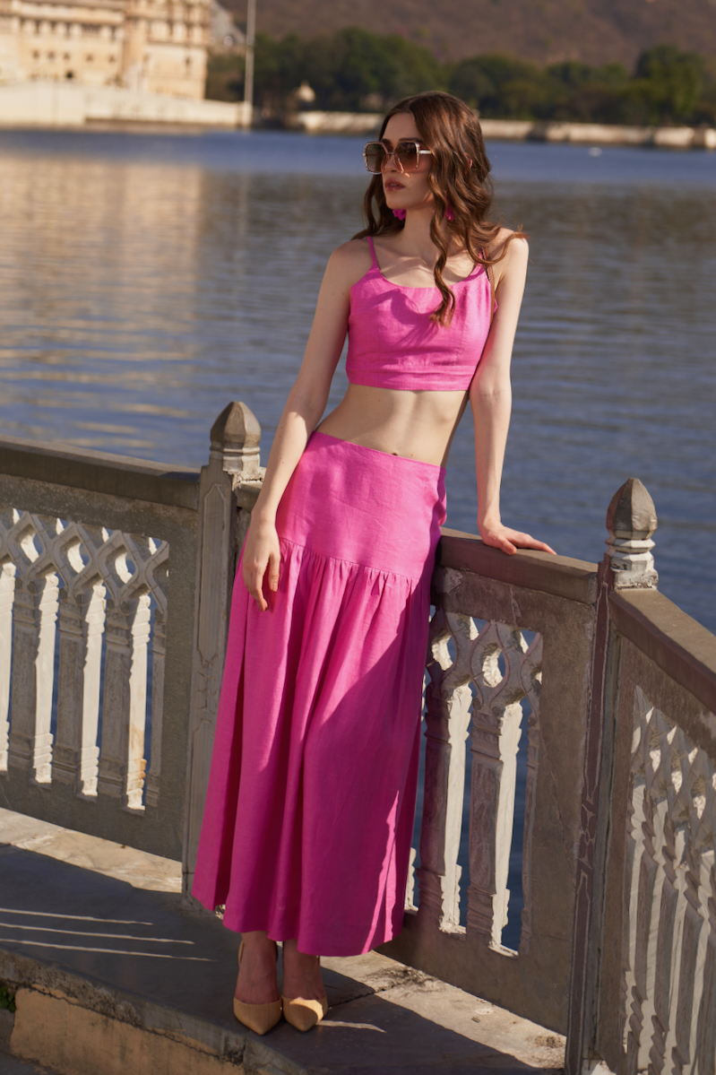 LA FLOR SOLID ROSE PINK COLOR LINEN FABRIC BUSTIER AND MIDI LENGTH SKIRT CO-ORDINATE