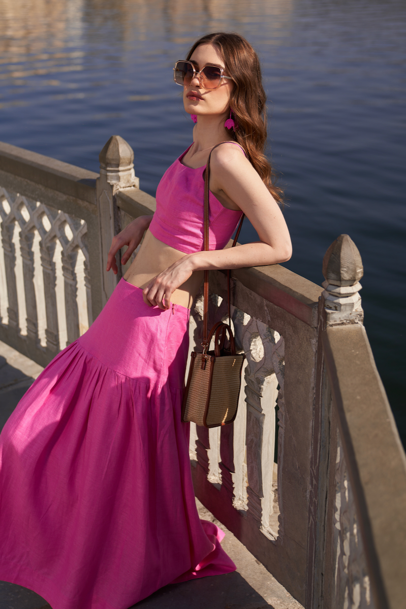 LA FLOR SOLID ROSE PINK COLOR LINEN FABRIC BUSTIER AND MIDI LENGTH SKIRT CO-ORDINATE