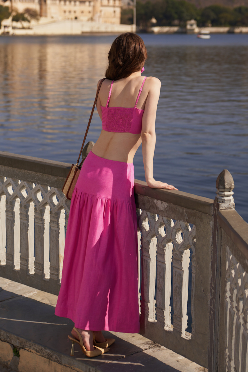 LA FLOR SOLID ROSE PINK COLOR LINEN FABRIC BUSTIER AND MIDI LENGTH SKIRT CO-ORDINATE