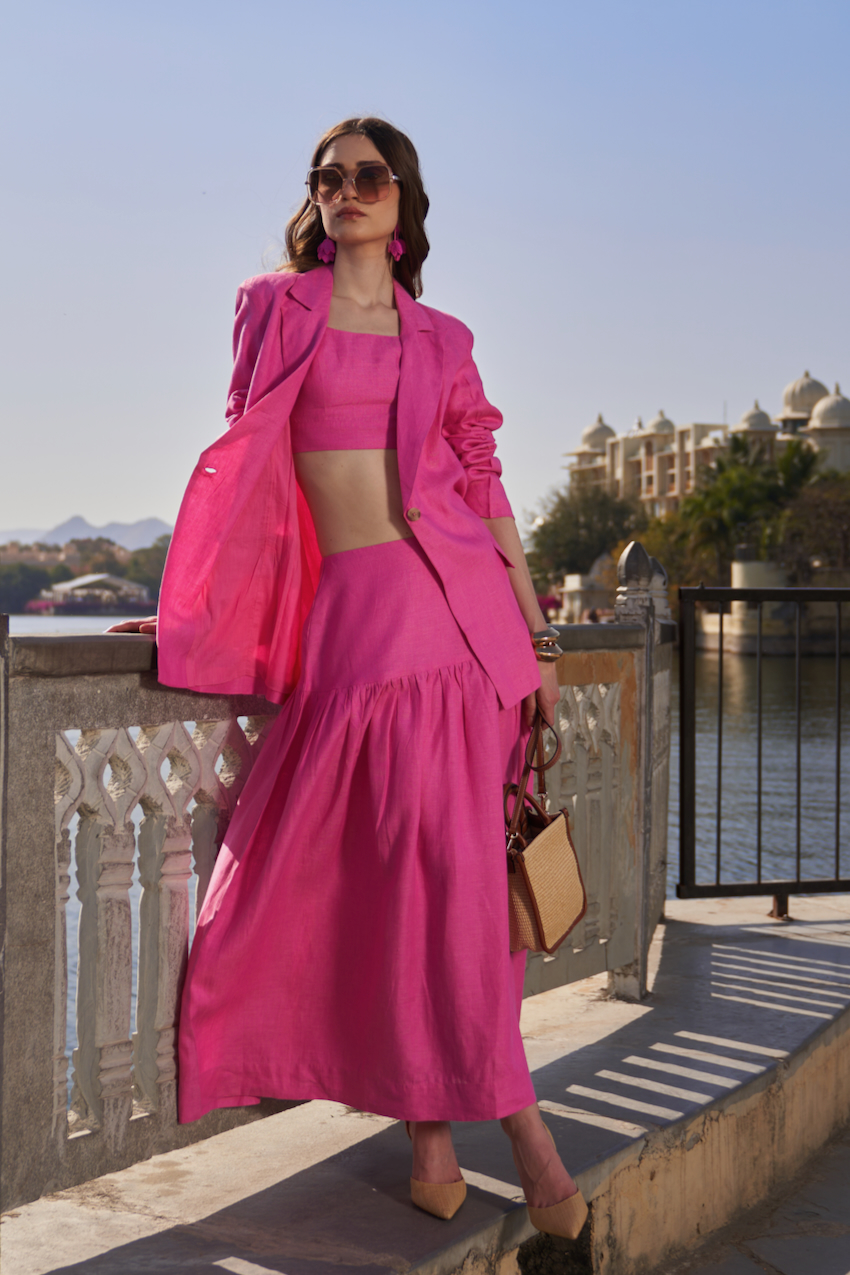 LA FLOR SOLID ROSE PINK COLOR LINEN FABRIC CO-ORDINATE WITH JACKET BUSTIER AND MIDI LENGTH SKIRT
