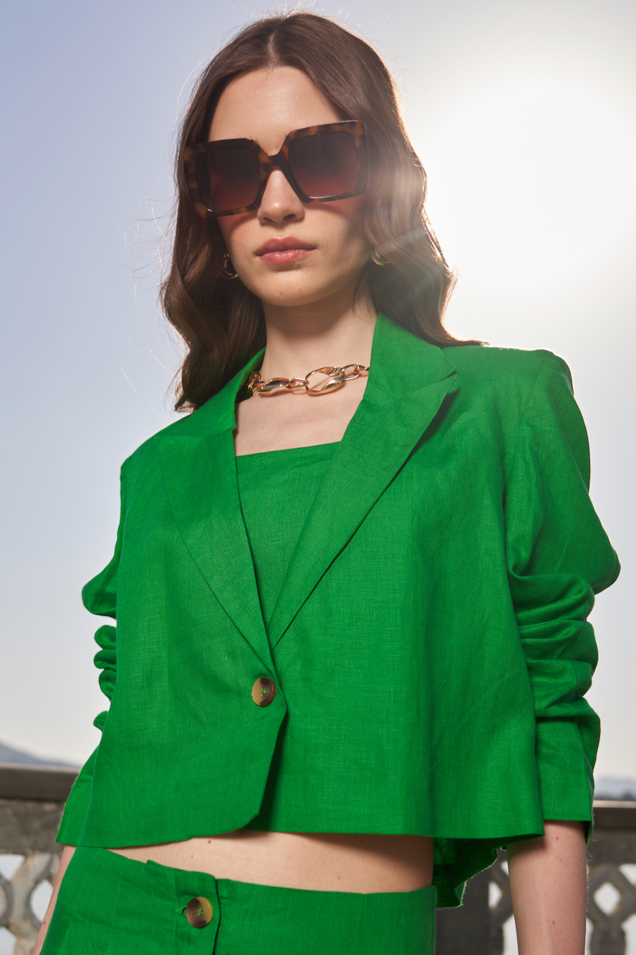 LA FLOR SOLID FOREST GREEN COLOR LINEN FABRIC CROPPED JACKET AND PANT CO-ORDINATE WITH BUSTIER