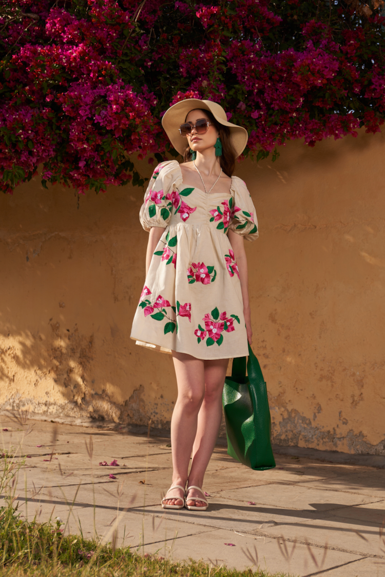LA FLOR IVORY COLOR BOUGAINVILLEA CHUNKY ALL OVER HAND EMBROIDERED LINEN FABRIC SHORT LENGTH DRESS