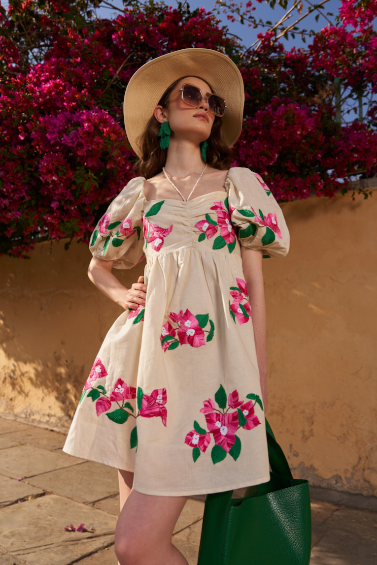 LA FLOR IVORY COLOR BOUGAINVILLEA CHUNKY ALL OVER HAND EMBROIDERED LINEN FABRIC SHORT LENGTH DRESS