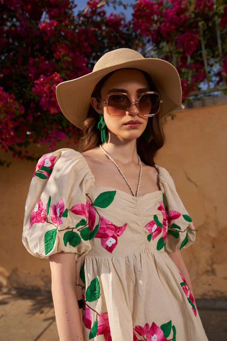 LA FLOR IVORY COLOR BOUGAINVILLEA CHUNKY ALL OVER HAND EMBROIDERED LINEN FABRIC SHORT LENGTH DRESS