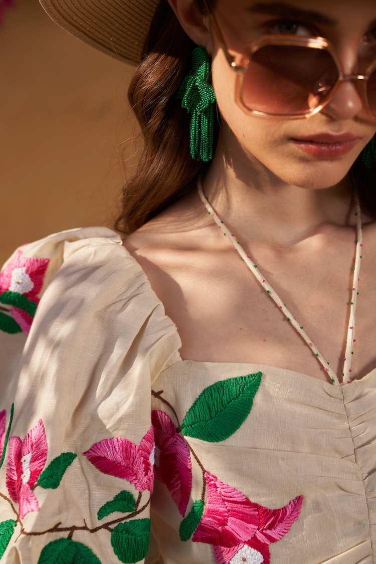 LA FLOR IVORY COLOR BOUGAINVILLEA CHUNKY ALL OVER HAND EMBROIDERED LINEN FABRIC SHORT LENGTH DRESS