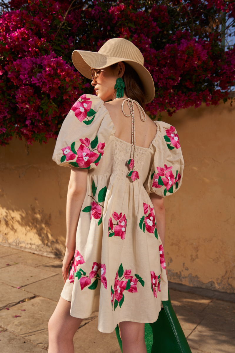 LA FLOR IVORY COLOR BOUGAINVILLEA CHUNKY ALL OVER HAND EMBROIDERED LINEN FABRIC SHORT LENGTH DRESS