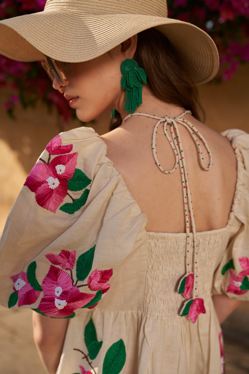 LA FLOR IVORY COLOR BOUGAINVILLEA CHUNKY ALL OVER HAND EMBROIDERED LINEN FABRIC SHORT LENGTH DRESS