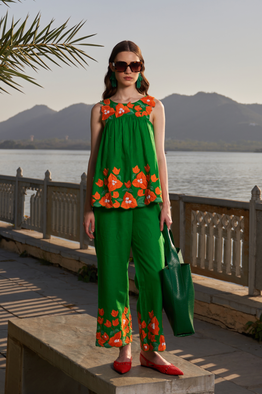 LA FLOR FOREST GREEN COLOR LINEN FABRIC BOUGAINVILLEA CHUNKY HAND EMBROIDERED SLEEVELESS TOP AND PANTS CO-ORDINATE