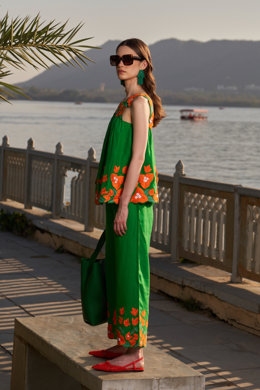 LA FLOR FOREST GREEN COLOR LINEN FABRIC BOUGAINVILLEA CHUNKY HAND EMBROIDERED SLEEVELESS TOP AND PANTS CO-ORDINATE