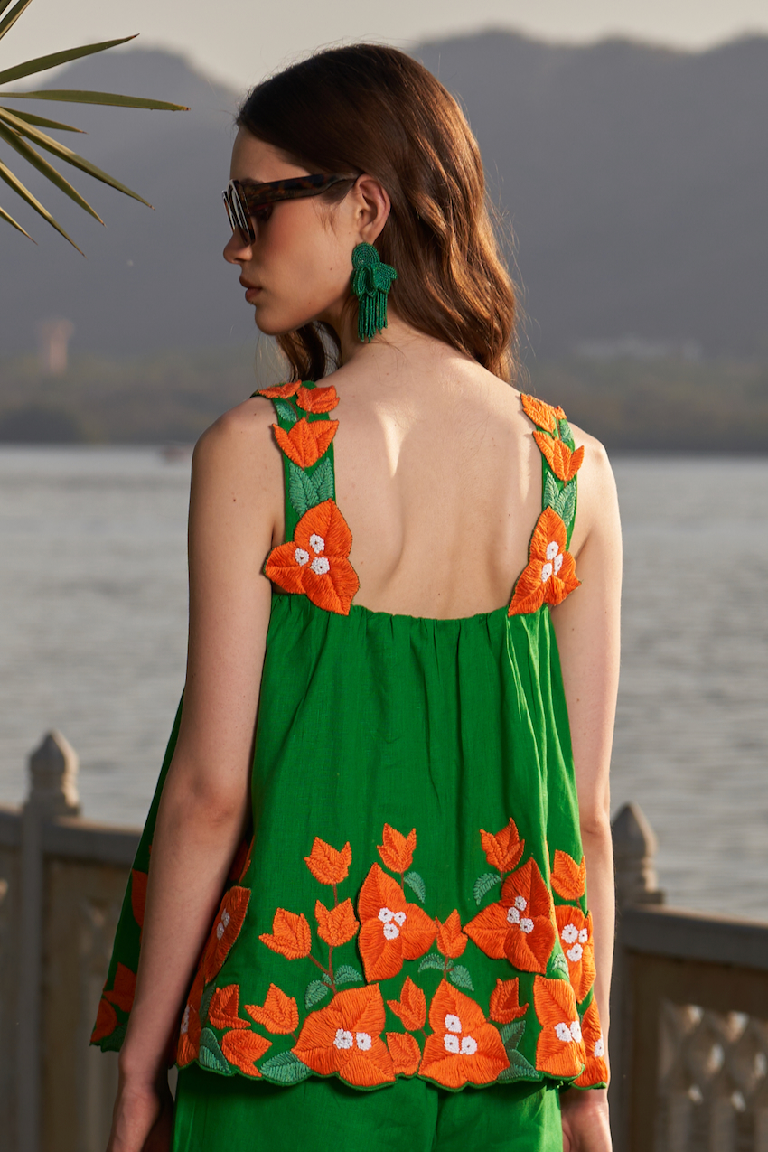 LA FLOR FOREST GREEN COLOR BOUGAINVILLEA CHUNKY HAND EMBROIDERED LINEN FABRIC SLEEVELESS TOP