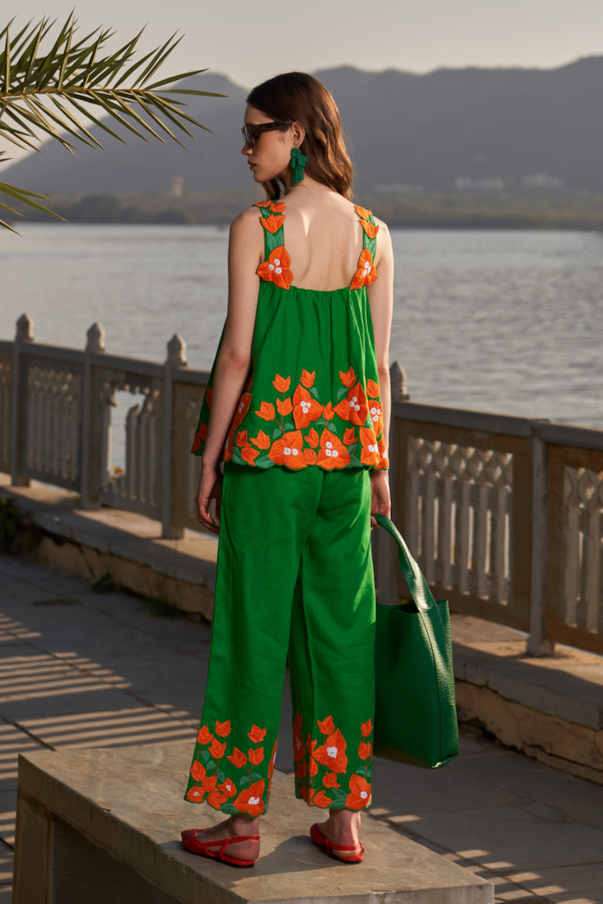 LA FLOR FOREST GREEN COLOR LINEN FABRIC BOUGAINVILLEA CHUNKY HAND EMBROIDERED SLEEVELESS TOP AND PANTS CO-ORDINATE