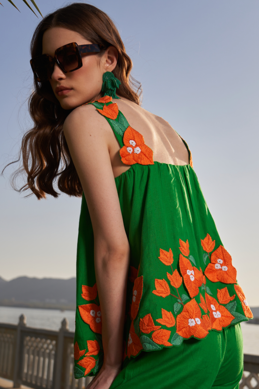 LA FLOR FOREST GREEN COLOR LINEN FABRIC BOUGAINVILLEA CHUNKY HAND EMBROIDERED SLEEVELESS TOP AND PANTS CO-ORDINATE