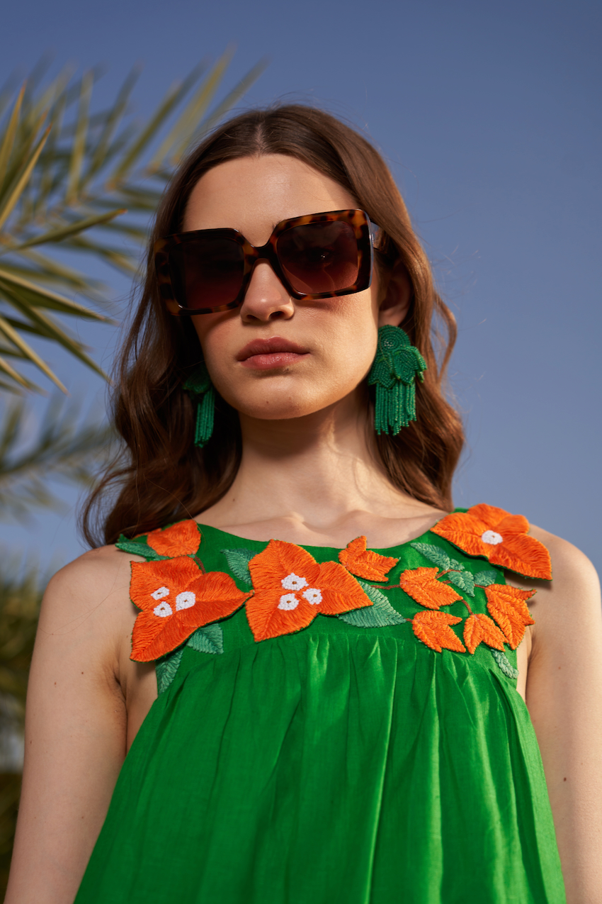 LA FLOR FOREST GREEN COLOR LINEN FABRIC BOUGAINVILLEA CHUNKY HAND EMBROIDERED SLEEVELESS TOP AND PANTS CO-ORDINATE